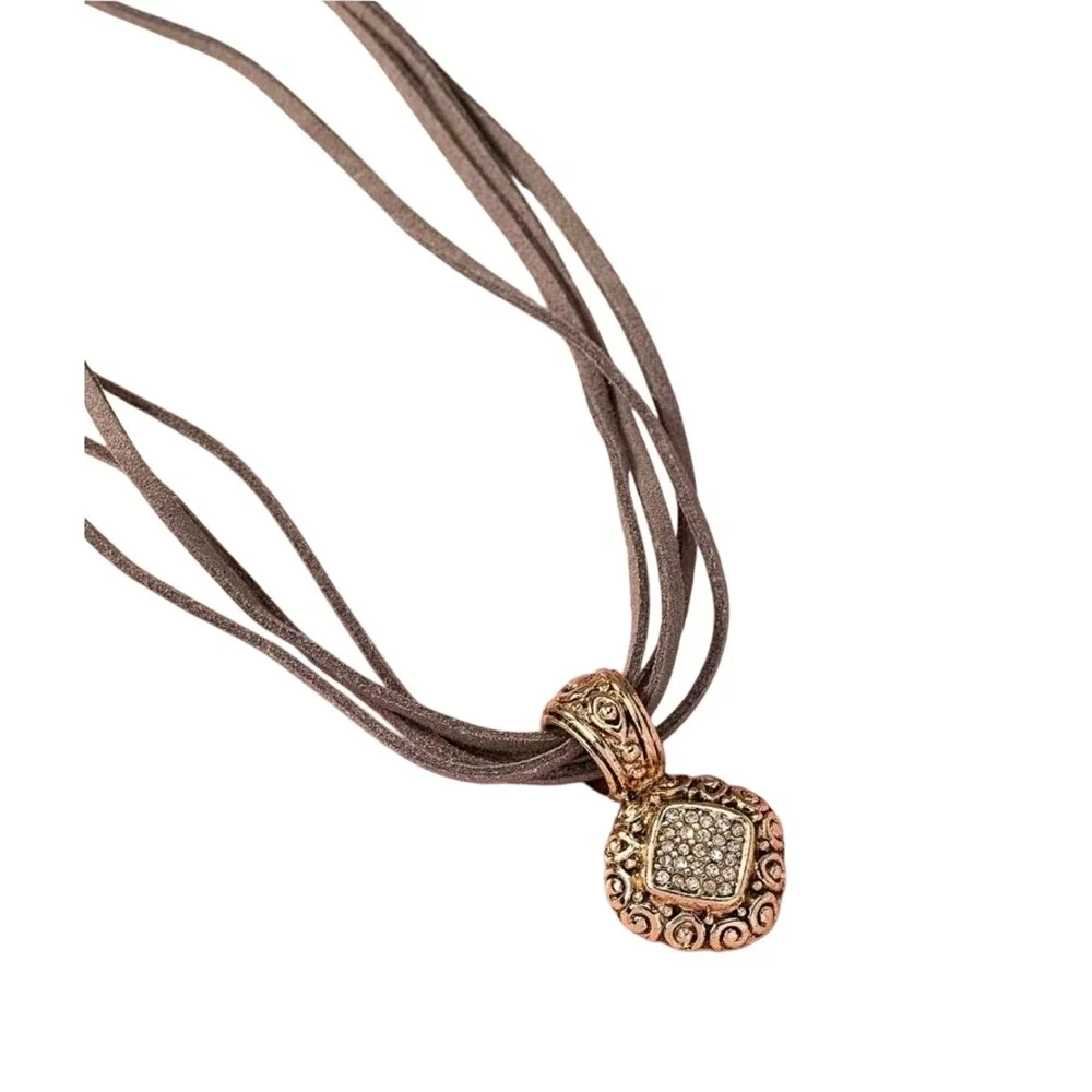 Boho Multi Strand Grey Suede Choker Necklace Rhinestone Pendant‎ Women
